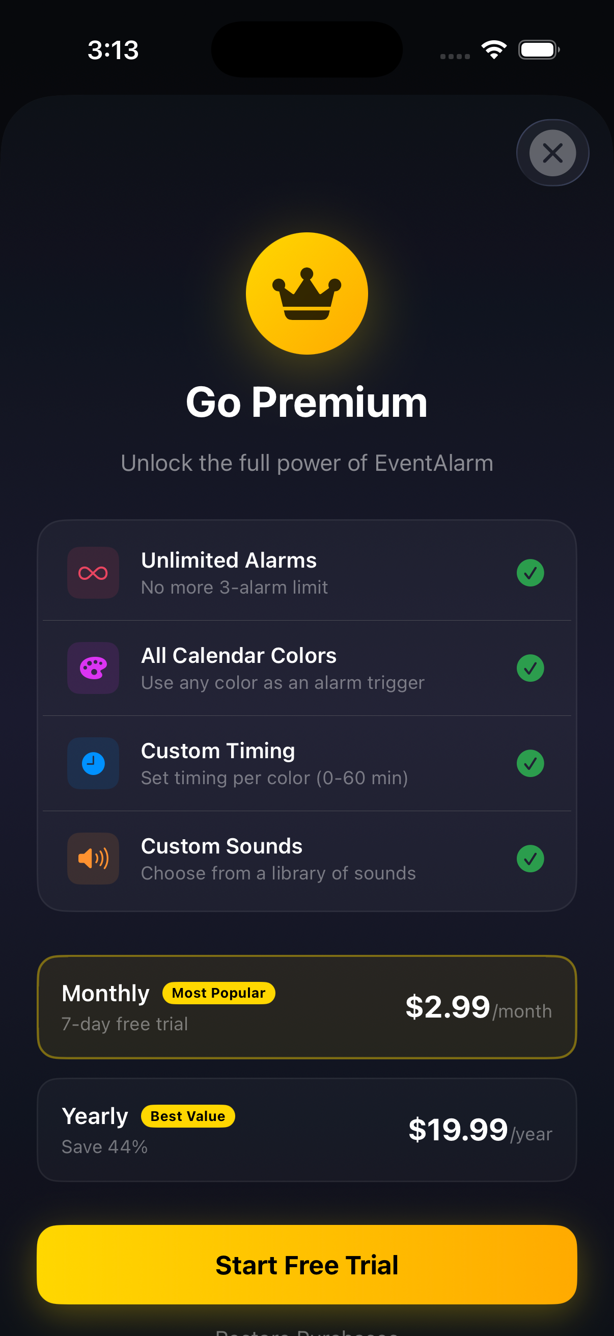 Calarm Settings screen